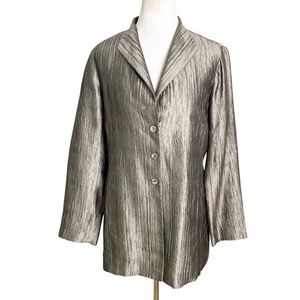 Eileen Fisher Gunmetal Gray Textured Silk Open Front Longline Blazer Jacket‎ S